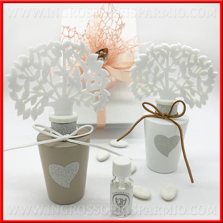 ALBERO DELLA VITA DIFFUSORE ESSENZE CUORE GLITTER BIANCO/TORTORA BOMBONIERE NOZZE
