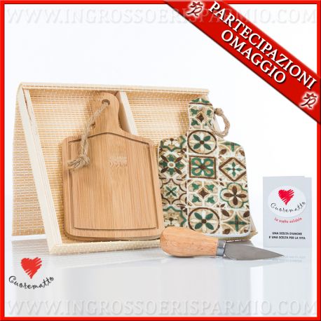 SET TAGLIERE LEGNO + TAGLIERE CERAMICA DECORI MAIOLICA CUOREMATTO BOMBONIERE UTILI