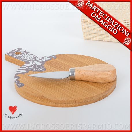 TAGLIERE TONDO IN LEGNO DECORATO MONOPORZIONE + COLTELLO BOMBONIERE PER MATRIMONIO