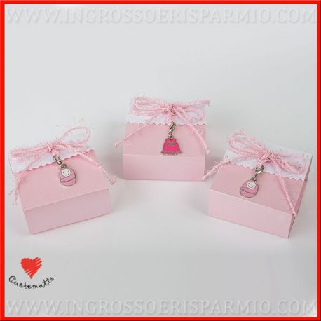 SCATOLE CONFETTI NASCITA DECORATE CON CIONDOLI CUOREMATTO CONFETTATA ROSA BATTESIMO