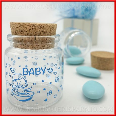 BARATTOLI VETRO TAPPO SUGHERO PER CONFETTI NASCITA BAMBINO CELESTE BOMBONIERE