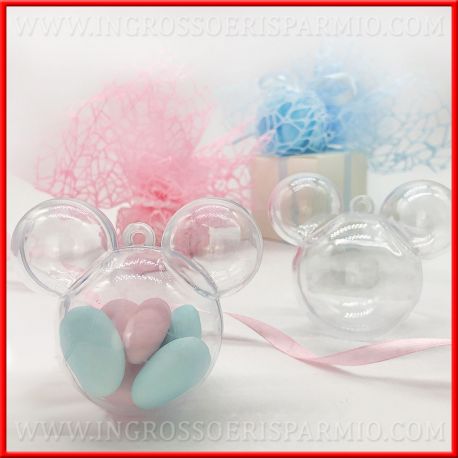 SCATOLINE PLEXIGLASS TRASPARENTE TOPOLINO / TOPOLINA NASCITA BOMBONIERE COMPLEANNO A TEMA