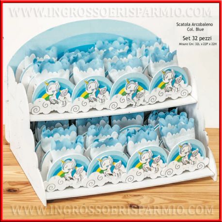 SET 32 PZ SCATOLE PORTA CONFETTI UNICORNO BAMBINO CON ESPOSITORE PENSIERINI NASCITA BATTESIMO PRIMO COMPLEANNO MASCHIETTO