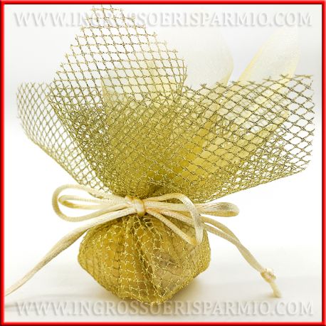 PORTACONFETTI RETE E ORGANZA ORO SACCHETTO CON TIRANTI PORTACONFETTI NOZZE D'ORO CONFETTATA 50 ANNIVERSARIO MATRIMONIO GOLD
