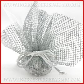 SACCHETTO PORTACONFETTI ARGENTO GLITTER A RETE IDEE 25 ANNIVERSARIO MATRIMONIO CONFETTATA NOZZE D'ARGENTO TIRANTI TULLE SILVER