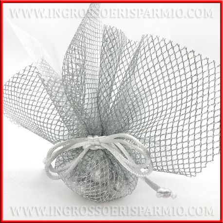 SACCHETTO PORTACONFETTI ARGENTO GLITTER A RETE IDEE 25 ANNIVERSARIO MATRIMONIO CONFETTATA NOZZE D'ARGENTO TIRANTI TULLE SILVER