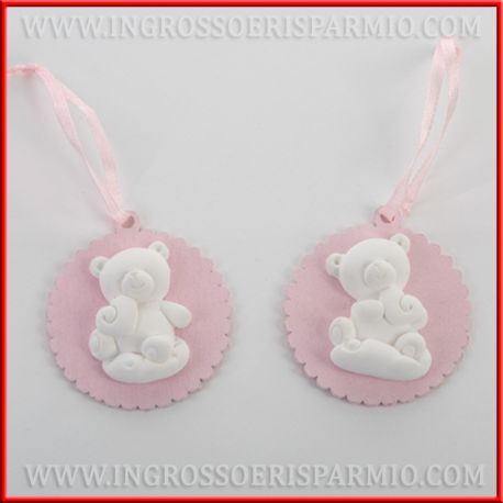 MEDAGLIONI IN LEGNO ROSA CON GESSETTI ORSETTI NASCITA BAMBINA BOMBONIERE FAI DA TE ONLINE