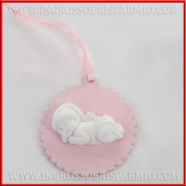 GESSETTI BOMBONIERE NASCITA BEBE' SU APPENDINO IN LEGNO ROSA IDEE ORIGINALI OFFERTE