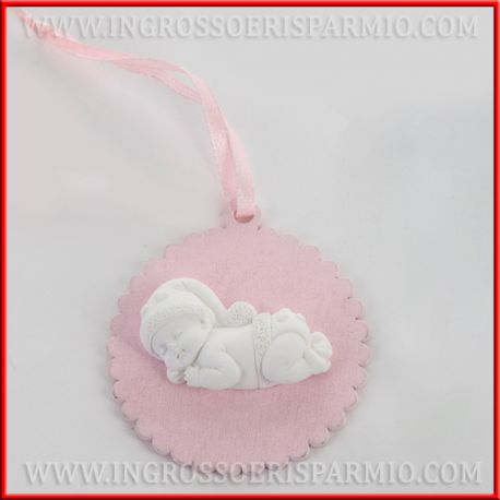 GESSETTI BOMBONIERE NASCITA BEBE' SU APPENDINO IN LEGNO ROSA IDEE ORIGINALI OFFERTE