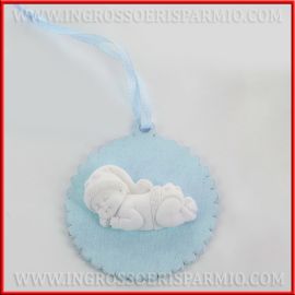 GESSI NASCITA BAMBINO CON MEDAGLIONE IN LEGNO CELESTE IDEE BEBE' OGGETTINI BOMBONIERE INGROSSO