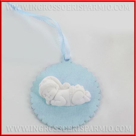 GESSI NASCITA BAMBINO CON MEDAGLIONE IN LEGNO CELESTE IDEE BEBE' OGGETTINI BOMBONIERE INGROSSO
