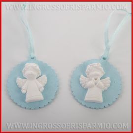 APPENDINI / ACCESSORI IN LEGNO CELESTE CON ANGIOLETTO MASCHIETTO BOMBONIERE BATTESIMO COMUNIONE