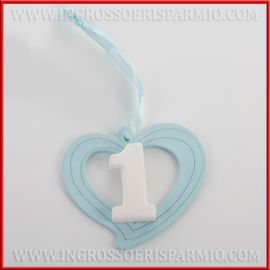CUORI IN LEGNO CON GESSETTO NUMERO "1" IDEE COMPLEANNO BIMBO PRIMO CELESTE BOMBONIERE