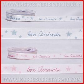 NASTRI PER BOMBONIERE NASCITA STAMPATI BEN ARRIVATO ARRIVATA ACCESSORI CONFEZIONE PERSONALIZZATE MADE IN ITALY