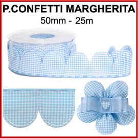 25 METRI NASTRO PORTACONFETTI MARGHERITA IN COTONE FANTASIA QUADRI CELESTE MASCHIETTO BIMBO NASCITA BATTESIMO PRIMO COMPLEANNO
