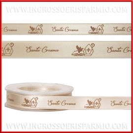 NASTRO CRESIMA PERSONALIZZATO CON STAMPA IN RASO AVORIO SANTA ICONA LIBRO COLOMBA MITRA VESCOVO BASTONE FURLANIS