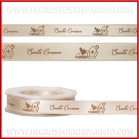 NASTRO CRESIMA PERSONALIZZATO CON STAMPA IN RASO AVORIO SANTA ICONA LIBRO COLOMBA MITRA VESCOVO BASTONE FURLANIS