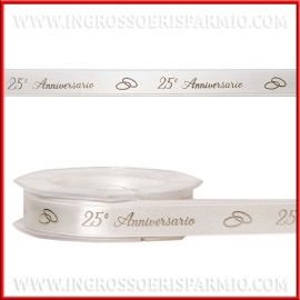 NASTRINO 25° ANNIVERSARIO BIANCO E ARGENTO STAMPA LAMINATA NOZZE ARGENTO SILVER NASTRO MADE IN ITALY ALTA QUALITA ITALIANA