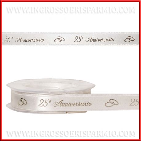 NASTRINO 25° ANNIVERSARIO BIANCO E ARGENTO STAMPA LAMINATA NOZZE ARGENTO SILVER NASTRO MADE IN ITALY ALTA QUALITA ITALIANA