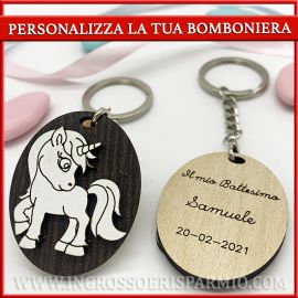 PORTACHIAVI UNICORNO ORIGINALI CON INCISIONI LEGNO LASER NASCITA BATTESIMO MASCHIO FEMMINA