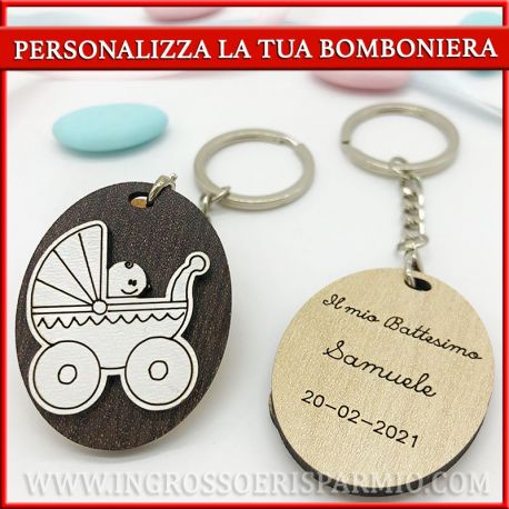 PORTACHIAVI CON NOME PER NASCITA CIONDOLO LEGNO PASSEGGINO BATTESIMO BAMBINO BAMBINA