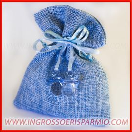 SACCHETTI JUTA PORTACONFETTI NASCITA BATTESIMO CELESTE CON CIUCCI BIMBO ECONOMICI