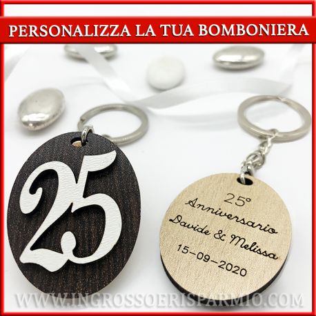 PORTACHIAVI 25° ANNIVERSARIO IN LEGNO PERSONALIZZABILI BOMBONIERE ORIGINALI ECONOMICHE