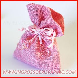 SACCHETTI JUTA PORTACONFETTI NASCITA BATTESIMO ROSA CON CIUCCI BAMBINA ECONOMICI 1 ANNO