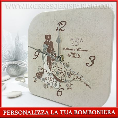 OROLOGIO BOMBONIERA 25° ANNIVERSARIO GRIGIO/ARGENTO CON NOMI IDEE ORIGINALI PREZZI INGROSSO