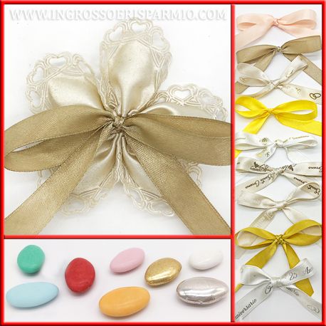 FIORI DI CONFETTI CON MERLETTO CUORE IN RASO AVORIO E FIOCCO CONFETTATA ORIGINALE MATRIMONIO