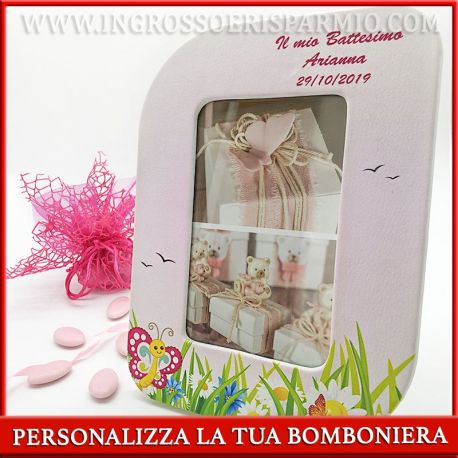 PORTAFOTO BATTESIMO PERSONALIZZATI CON CORNICE PELLE COLORATA FARFALLA ROSA BAMBINA