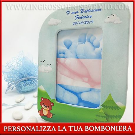 CORNICE BAMBINI CON ORSETTO IN ECOPELLE PERSONALIZZATA COLORATA PORTAFOTO BATTESIMO