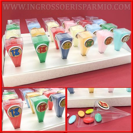 VASSOIO PORTACONFETTI 18 ANNI CONI TRASPARENTI DECORATI 24PZ BOMBONIERE DICIOTTESIMO COMPLEANNO