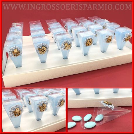 VASSOIO CON CONI PORTACONFETTI AZZURRI IDEE NASCITA BAMBINO COCCARDA LEGNETTI BABY