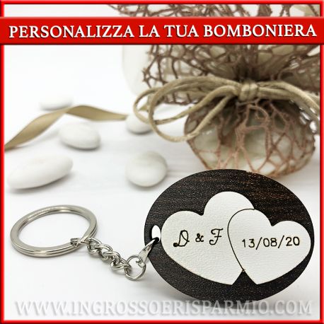 PORTACHIAVI DOPPIO CUORE CON INCISIONE PER NOZZE E PROMESSE PERSONALIZZATI BOMBONIERE MATRIMONIO
