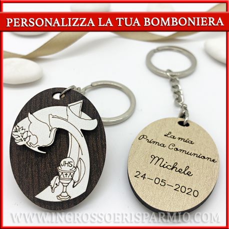 PORTACHIAVI BOMBONIERE COMUNIONE CALICE OSTIA + INCISIONE IN LEGNO IDEE ORIGINALI PERSONALIZZATE