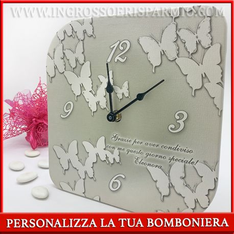 OROLOGIO IN ECOPELLE TEMA FARFALLE BOMBONIERE PERSONALIZZATE BATTESIMO COMUNIONE BAMBINA