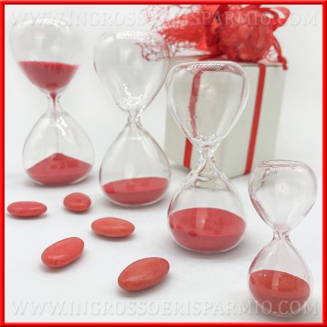 BOMBONIERE CLESSIDRA IN VETRO CON SABBIA ROSSA TEMA TEMPO PER NOZZE, COMUNIONE, LAUREA IDEE ORIGINALI