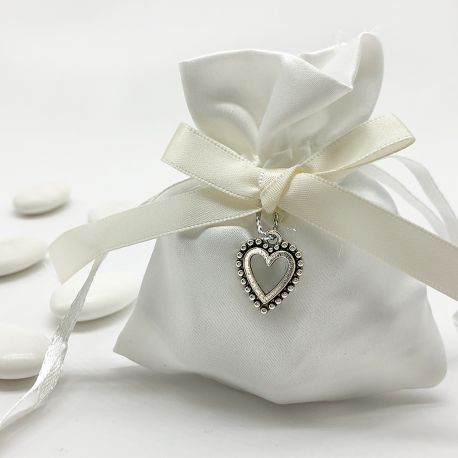 SACCHETTINI PER CONFETTI MATRIMONIO RASO BIANCO DECORATI CUORE CIONDOLO CONFETTATA ANNIVERSARIO FAI DA TE INGROSSO