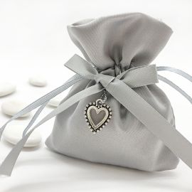 SACCHETTINO DI RASO GRIGIO CON CUORE CONFETTATA NOZZE ARGENTO ANNIVERSARIO MATRIMONIO PREZZI BASSI
