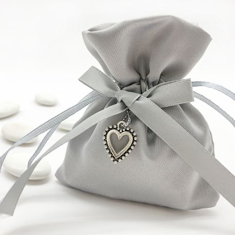 SACCHETTINO DI RASO GRIGIO CON CUORE CONFETTATA NOZZE ARGENTO ANNIVERSARIO MATRIMONIO PREZZI BASSI