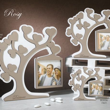 PORTA FOTO DESIGN ORIGINALE ALBERO CON FOGLIE CUORE LINEA ROSY BOMBONIERE NOZZE BATTESIMO COMUNIONE