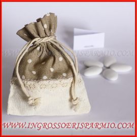 SACCHETTI JUTA PORTACONFETTI MATRIMONIO POIS TORTORA E BEIGE OFFERTE BOMBONIERE NOZZE PROMESSE