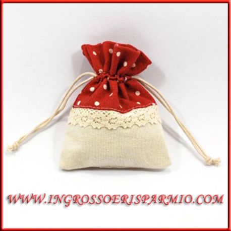 SACCHETTI JUTA LAUREA PER CONFETTI JUTA POIS ROSSI E PANNA OFFERTE ACQUISTO BOMBONIERE