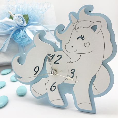 OROLOGI UNICORNO IN LEGNO CELESTE PER MASCHIETTO VENDITA ONLINE BOMBONIERE BATTESIMO BAMBINO