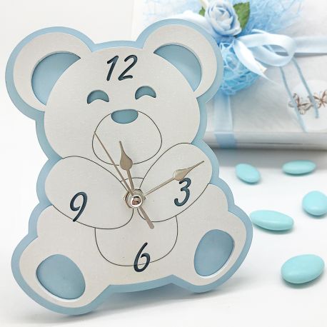 OROLOGIO ORSETTO BIANCO E AZZURRO BATTESIMO BAMBINO OFFERTA BOMBONIERE REGALI ECONOMICI
