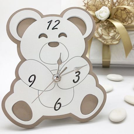 OROLOGIO LEGNO A FORMA DI ORSETTO PER BATTESIMO BIMBI TORTORA BOMBONIERE IDEE REGALO UTILI