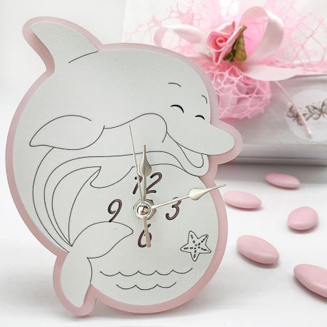 OROLOGI DA TAVOLO PARTICOLARI CON DELFINO LEGNO ROSA BAMBINA IDEE BOMBONIERE ORIGINALI COMUNIONE