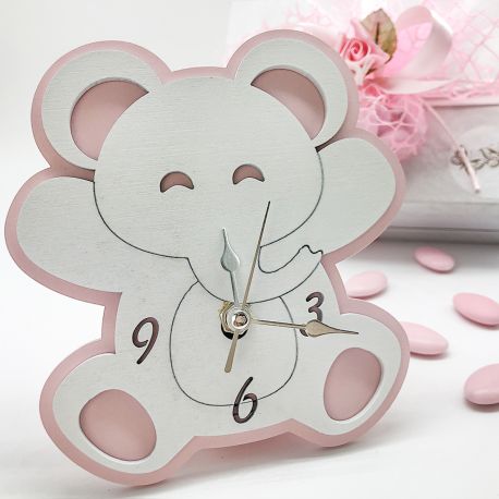 OROLOGI DA APPOGGIO IN LEGNO ELEFANTINI COLORE ROSA BIMBA BOMBONIERE BATTESIMO PRIMA COMUNIONE