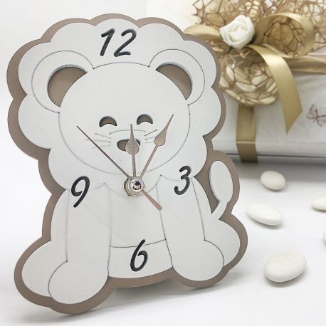 OROLOGIO DA TAVOLO IN LEGNO MODELLO "LEONE" COMUNIONE 2021 BOMBONIERE BATTESIMO BAMBINI